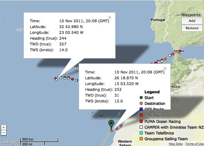 Wind data for the offshore group, and inshore yacht - Groupama at 0655hrs GMT on the 11 November © PredictWind.com www.predictwind.com